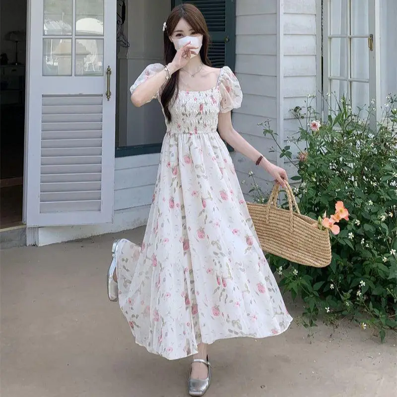 Dresses Women Korean Fashion Chic Popular Ins All-match Floral Folds Mid-length Sweet Lovely Girls Streetwear Summer Y2k Mujer