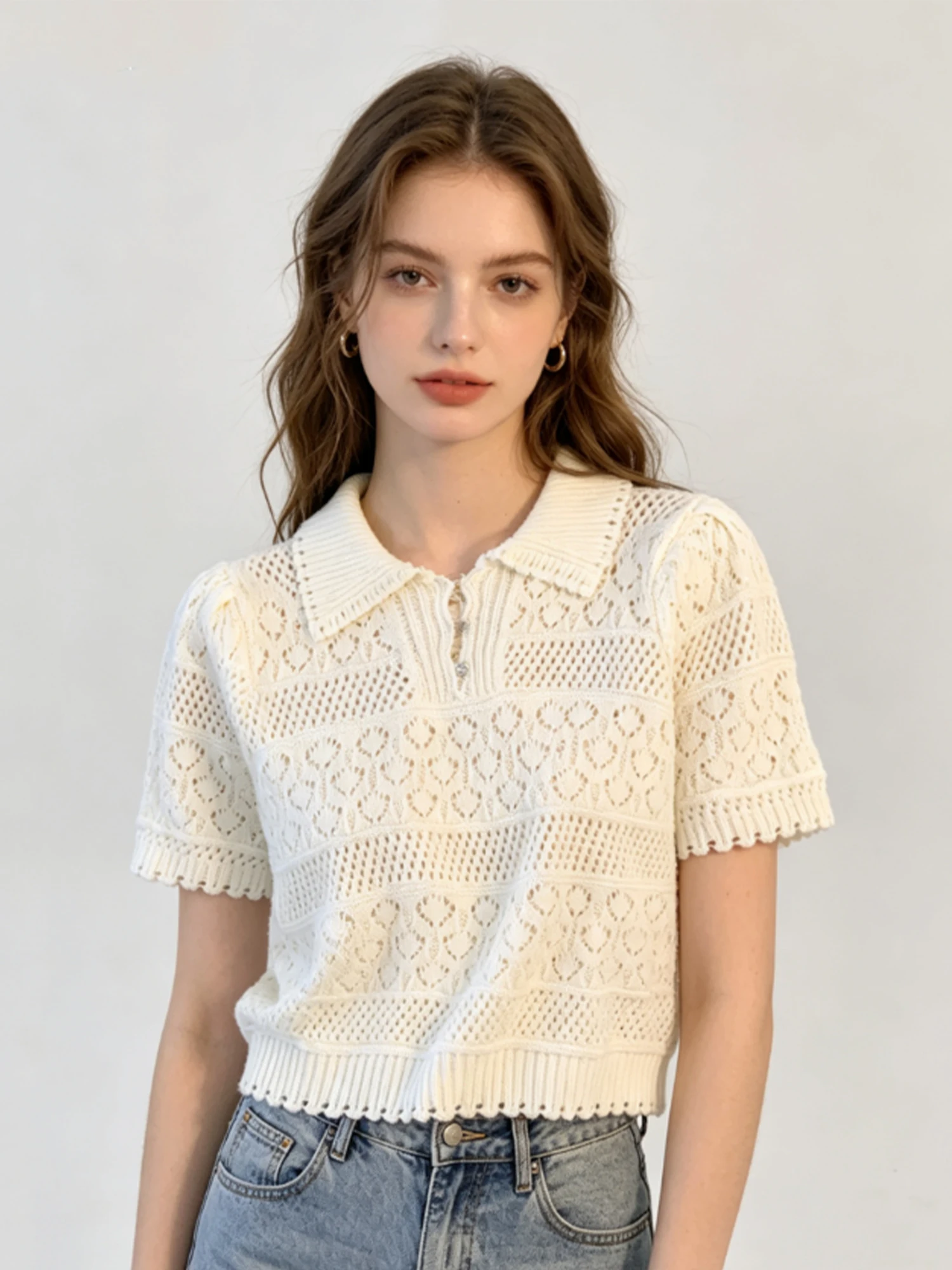 Women's White Hollow-out Knit T-shirt Top Korean Style Y2K Gyaru Vintage Sweet Tee Top Polo Neck Thin T-shirt for Women Summer