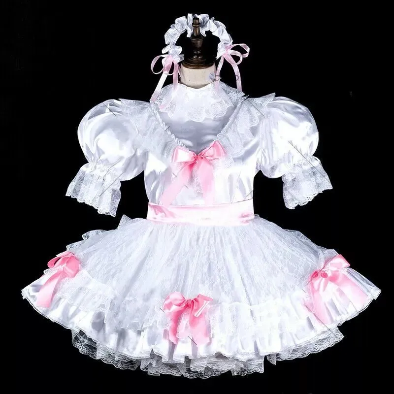 

Sissy white sexy satin maid lockable fluffy short skirt dress lace cosplay customized Halloween