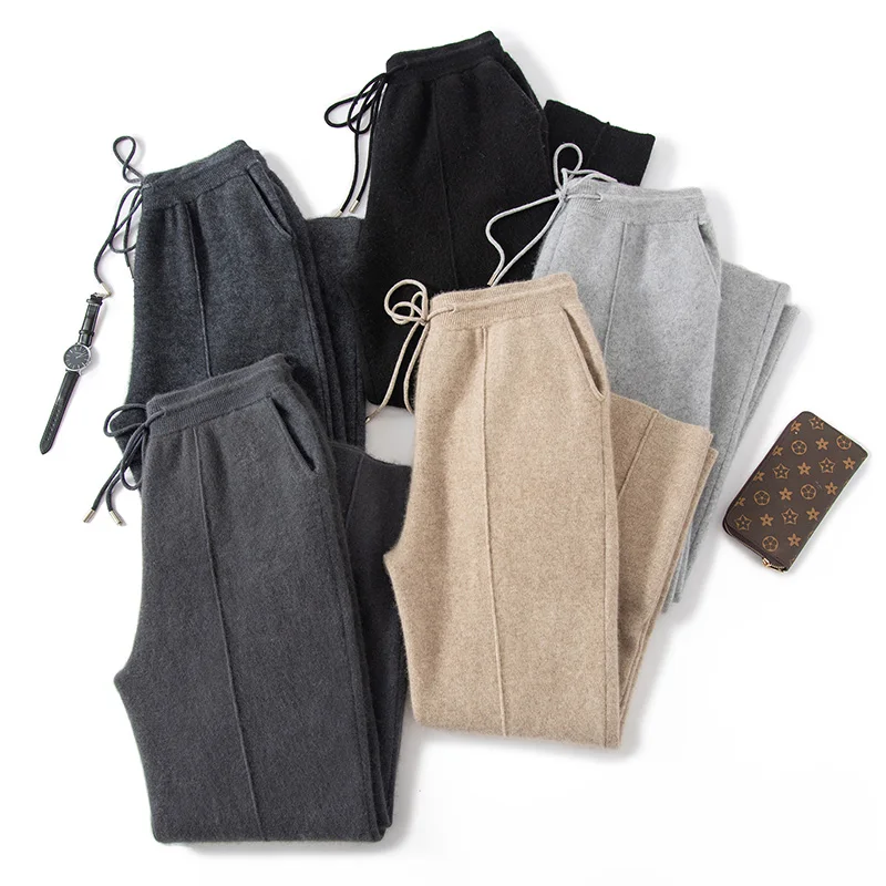 Autumn and winter new 100% cashmere men's straight leg pants high-end solid color cashmere knitted business casual men's pants