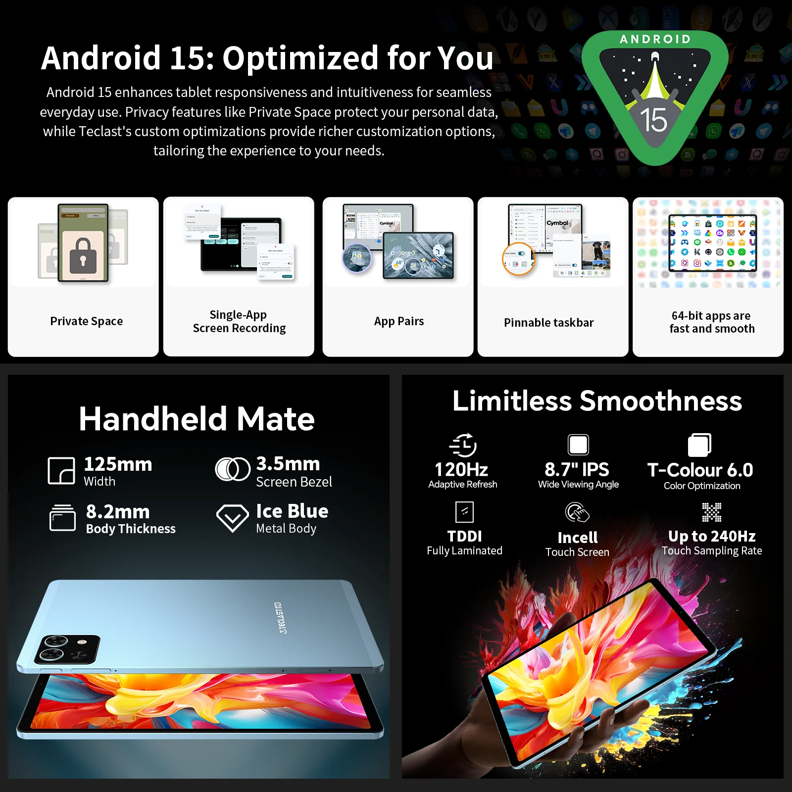 Teclast T50 Mini tableta Android 15 8,7 "IPS 120Hz G99 8 núcleos Max 20GB (8GB + 12GB de expansión) RAM 128GB ROM Dual 4G LTE tipo C GPS