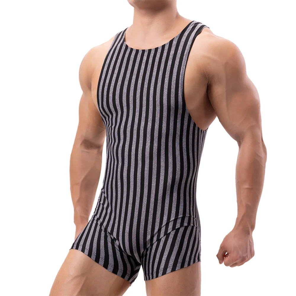 Mens Striped Bodysuits Undershirts Boxers Underwear Sleeveless Fitness Wrestling Singlet Slip Jumpsuits Leotard Seamless Rompers