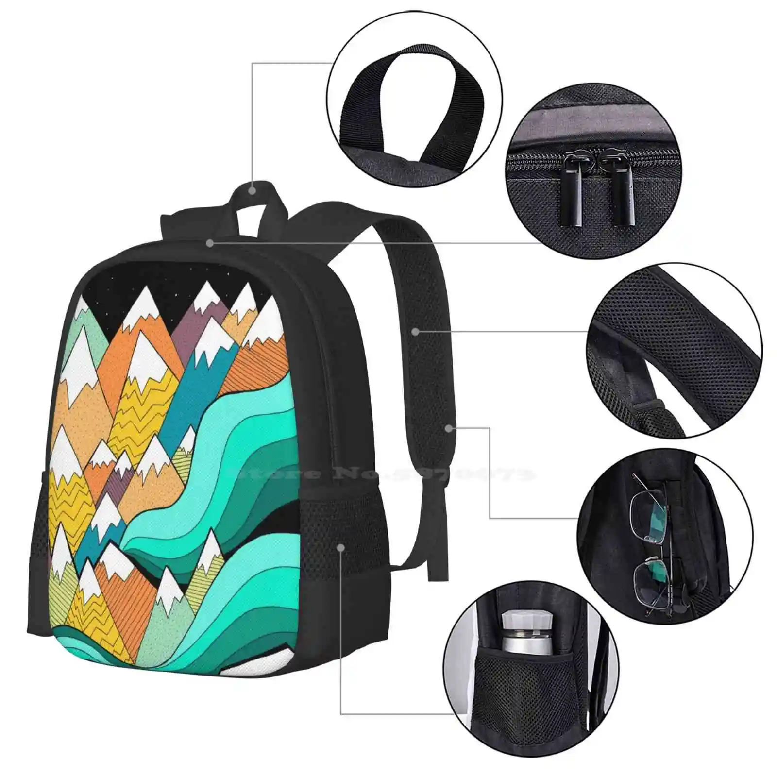 Waves Of The Mountains Pattern Design Bagpack School Bags Mountain Sketch Hand Drawn Landscape Design Lines Dots Nature Abstract