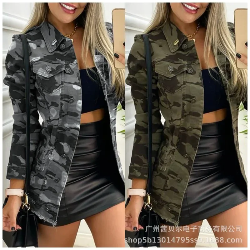 Zipper Pockets Jackets Outwear Fashion Single Breasted Trend Camouflage Casual Jacket Coat Women Long Sleeve Outwear Coats