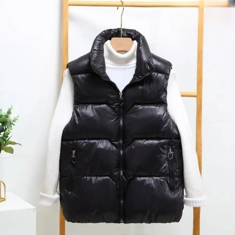 

plus Size 250 Pounds Black Shiny Women's Vest Korean Style Outerwear Sleeveless Jacket Winter Warm Casual Comfortable Coat