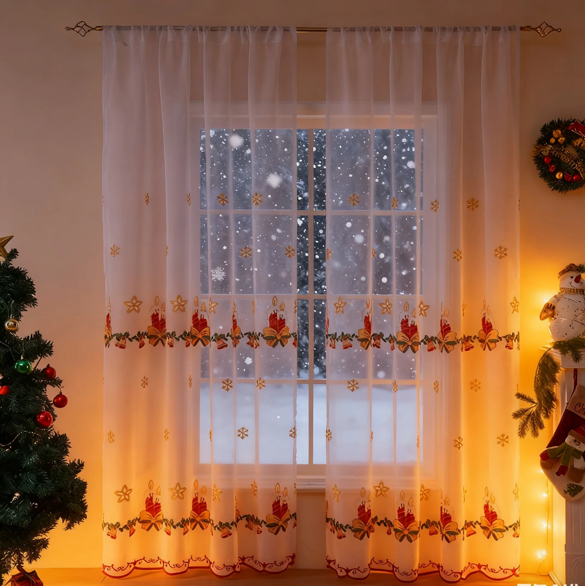 1pc Christmas Curtains 84 Inches Long for Living Room, White Sheer Snowflake Drapes for Bedroom, Holiday Winter Window Curt