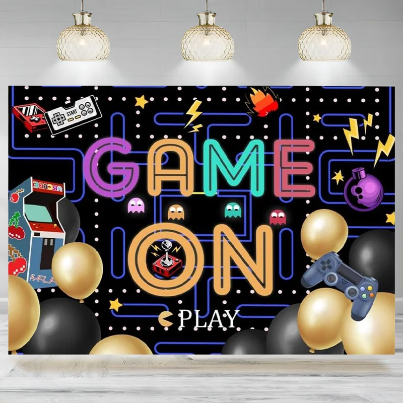 Game Backdrop Boys Birthday Photography Background Colorful Lights Party Kids Gaming Party Decorations Banner