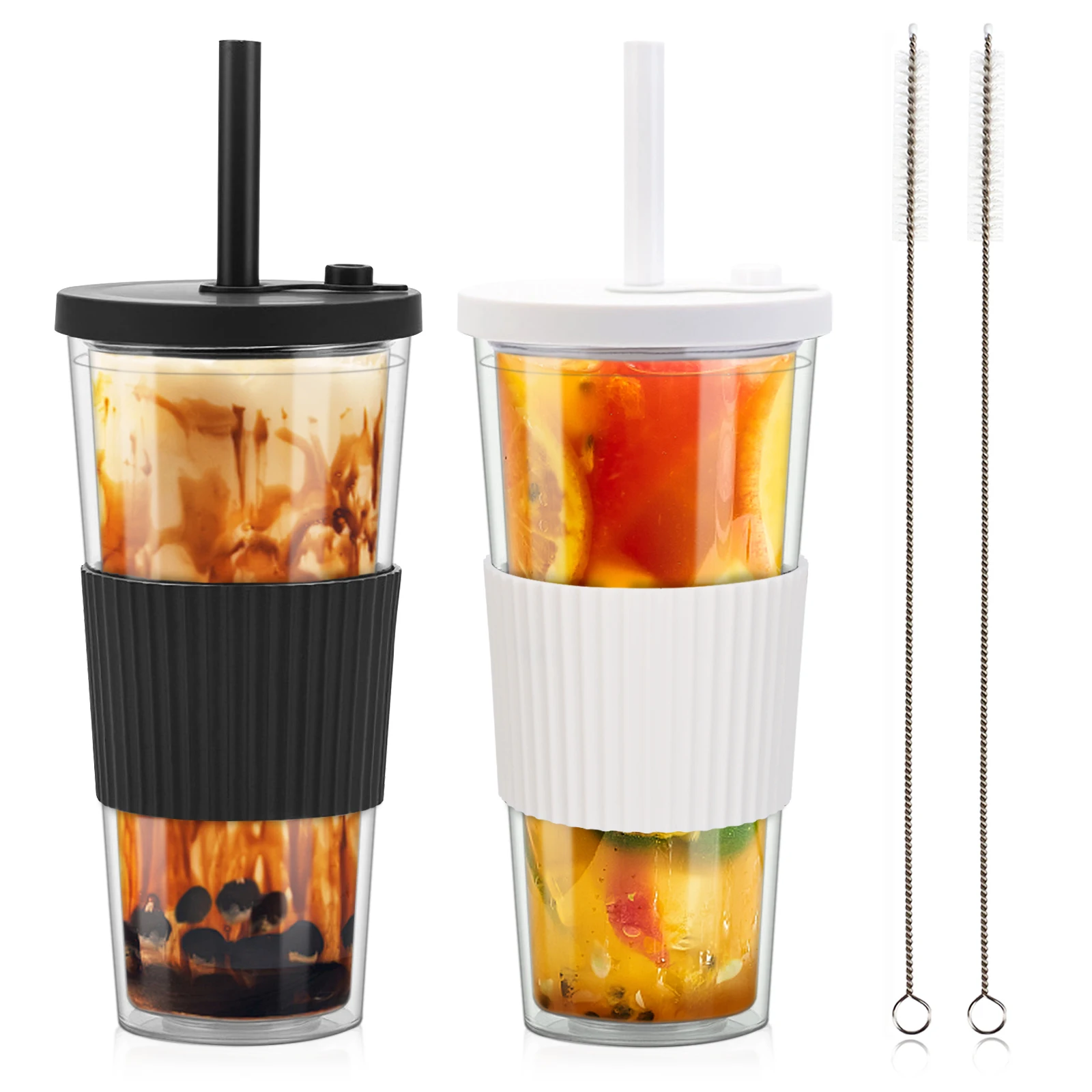 

2pcs Black White Reusable Cup with Resealable Lid Double Wall Smoothie Tumbler Wide Stainless Steel Straw for Bubble Tea Pearls