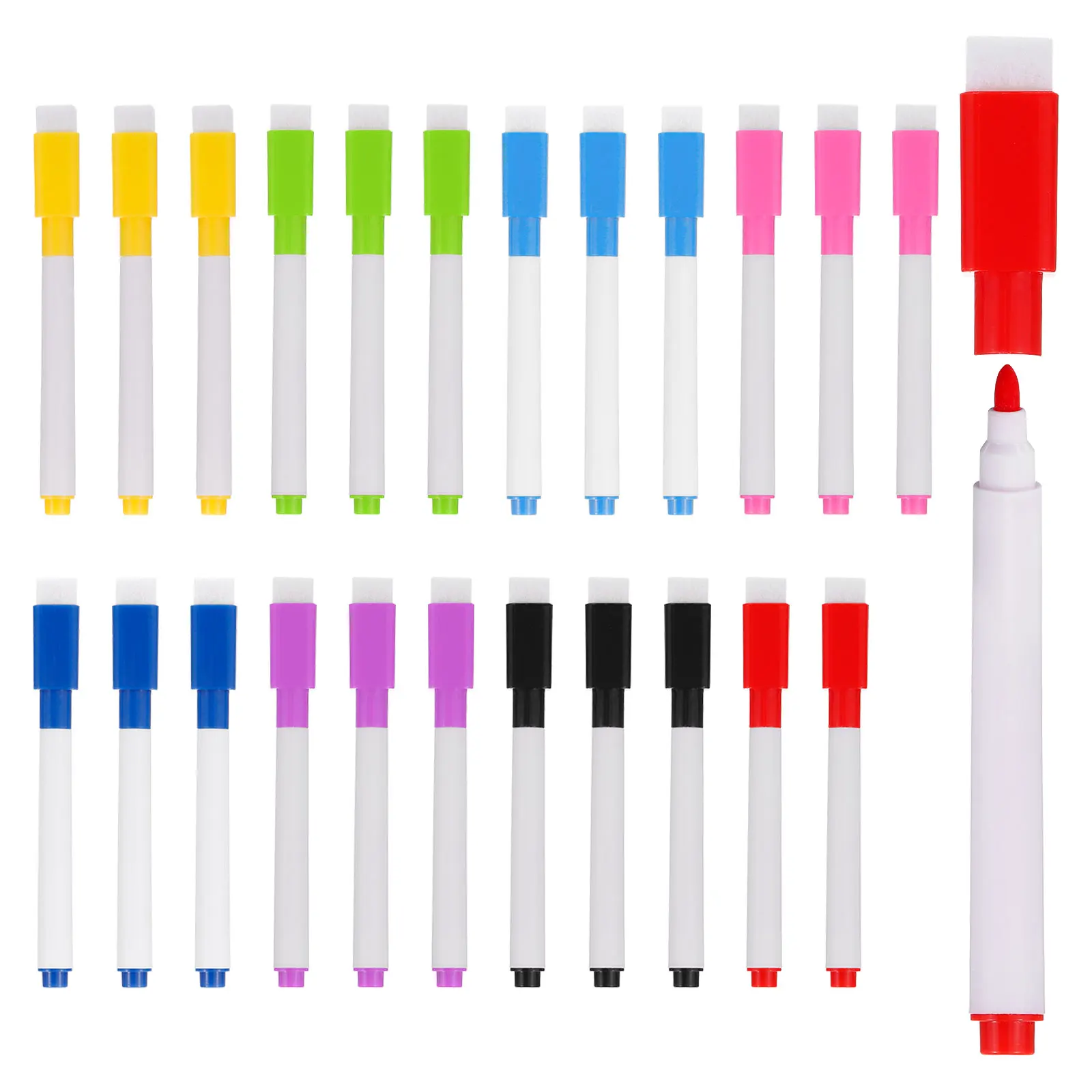 24Pcs Colorful Magnetic Dry Erase Erasable Whiteboard Marker Pens with Eraser Cap for School Office Home Stationary Supplies