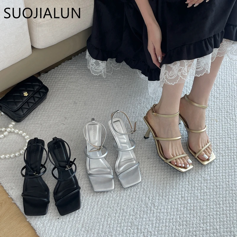 

SUOJIALUN 2025 Summer New Brand Women Sandal Fashion Narrow Band Ladies Elegant Gladiator Shoes Thin High Heel Dress Pumps