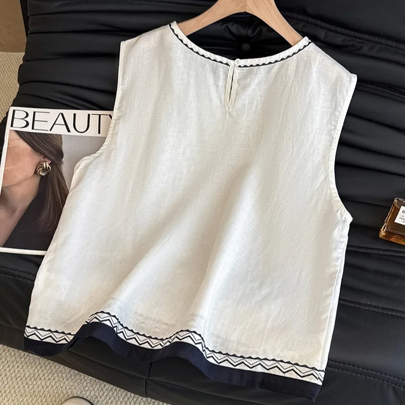 

Korean Sle Heavy Embroidery Unique Svel Beautiful Women's Vest Top Summer Outdoor Wear Cotton Linen Blend round Ne