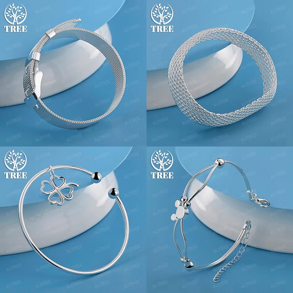 

Women's Trendy 925 Sterling Silver Strap Four Leaf Clover Mesh Mickey Round Bangles Fine Jewelry Accessories Birthday Party Gift