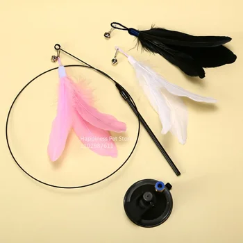 Cat Toy Cat Teaser Stick With Bell Extended Rod Suction Cup Self High And Durable Bite Teaser Tool Replaceable Feather Head 5