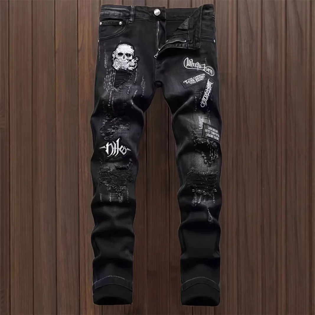 Vintage Men's Y2kblack Skull Jeans Spring and Autumn High Waist Embroidery Ripped High Street Versatile Trousers Fashion Trend