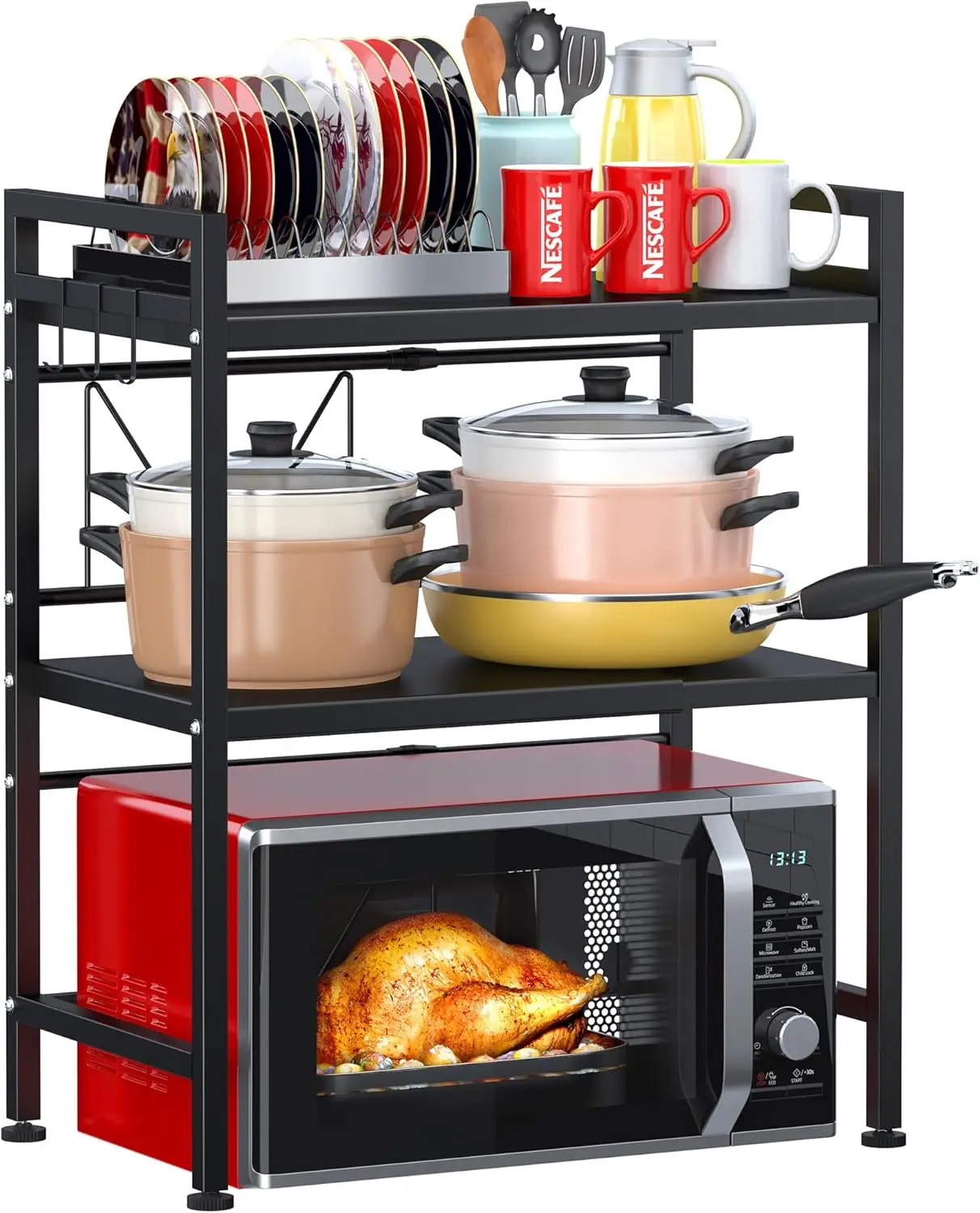 

Регулируемая трехъярусная полка для микроволновой печи с крючками, прочная полка для органайзера на кухонной столешнице, вмещает 160 фунтов