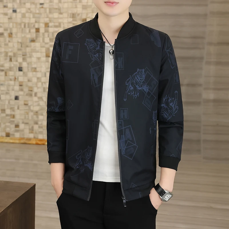 

Men's Thiened Fce Jaet Autumn Winter Print Baseball Coat Youth Casual Sle Zipper Closure ort Length Polyester Fabric