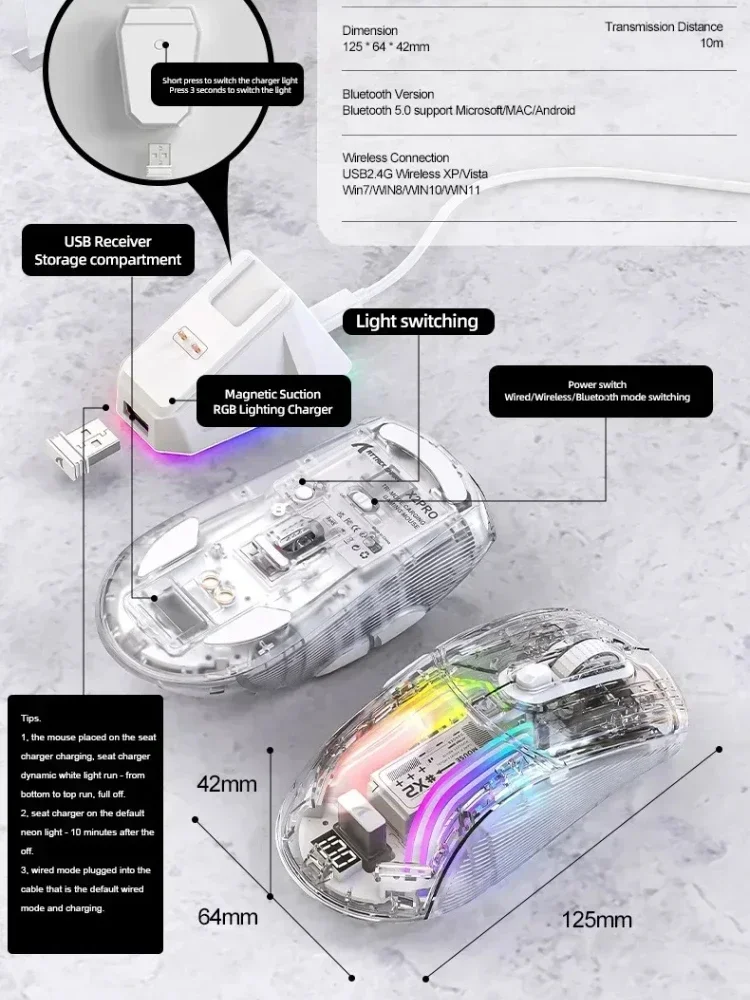 Attack Shark X2 PRO Wireless Transparent Mouse RGB E-sports Gaming Battery Display Mouse with Magnetic Charging Base PC Gifts