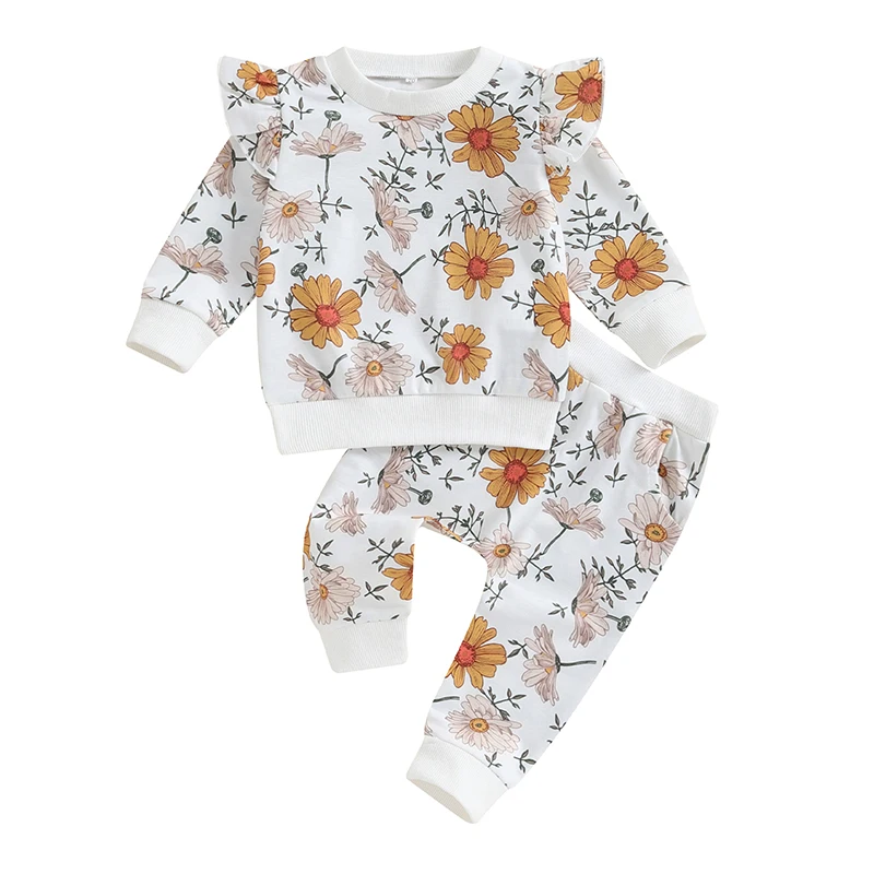 KMBANGI Newborn Toddler Girls Outfit Ruffle Long Sleeve Flower Print Sweatshirt Jogger Pants 2PCS Pants Set Baby Clothes