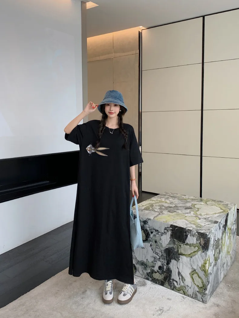 T-shirt ample ort Sve Dr coréen Sle Hong Kong Sle Design ouvert fendu vêtements d'extérieur approprié mi-long h-ape Dr