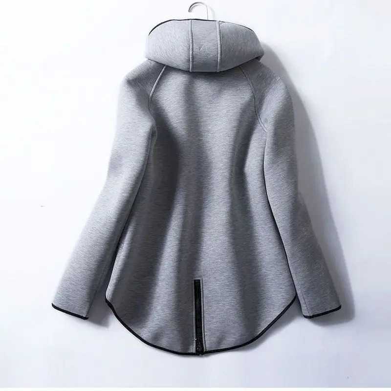 Fashion Grey Straight Hoodies Women Irregular Design Hooded Collar Zipper Cardigan Coats Three Seasons Trend Casual Loose Hoodie