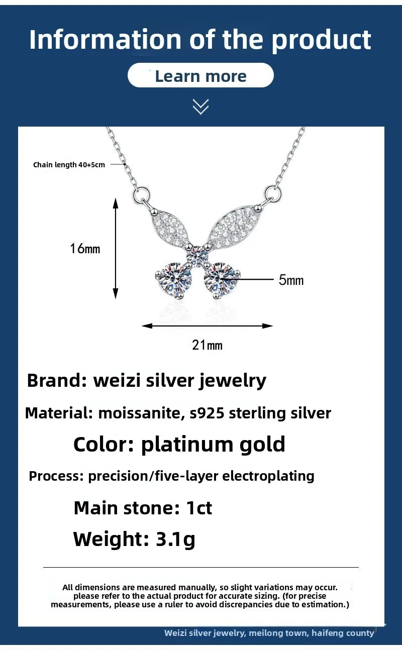 S925 الفضة الذهب الأبيض مطلي 1CT D اللون مويسانيتي الفاخرة عقد بحلية متدلية على شكل فراشة قلادة للنساء، مجوهرات رائعة.