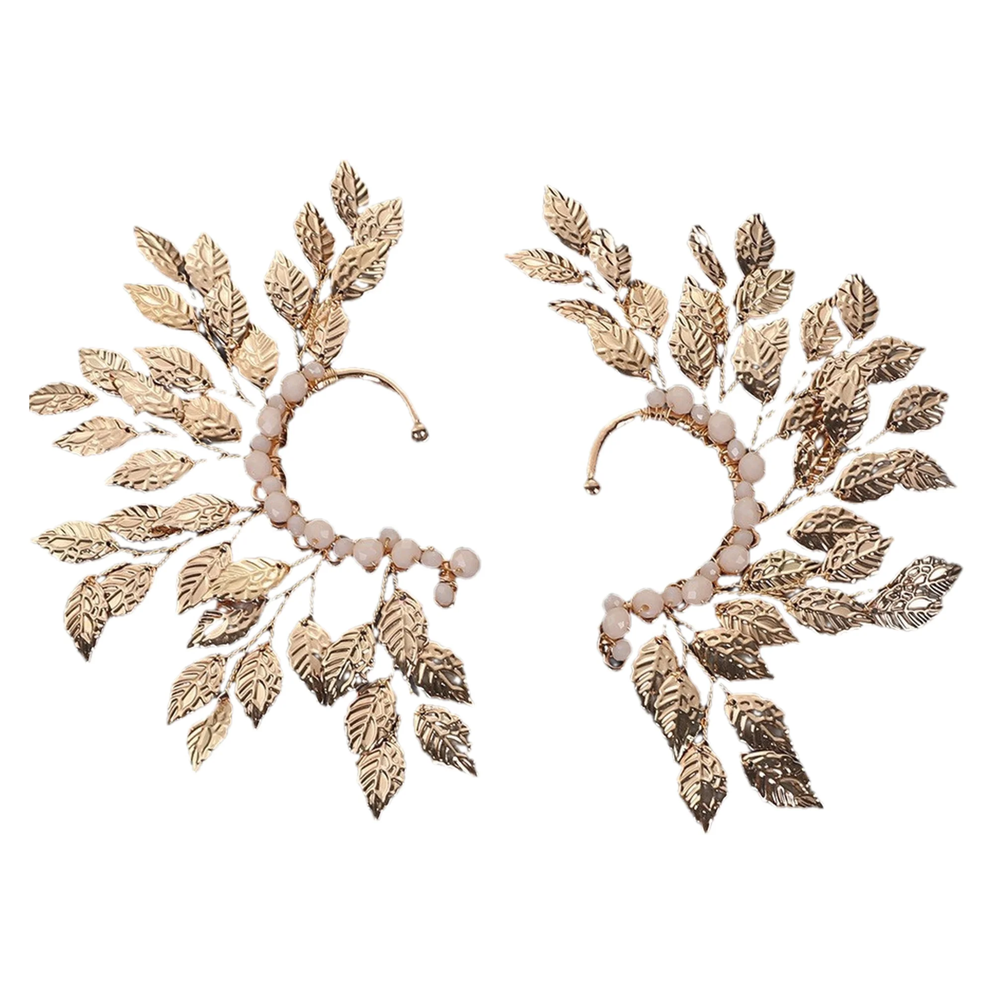 1PCSR Vintage Gold Leaf Earrings and Headpiece Super Fairy Forest Bohemian Style Tassel Wedding Bridal Earrings and Headpiece Exaggerated Elf Ear Cuff