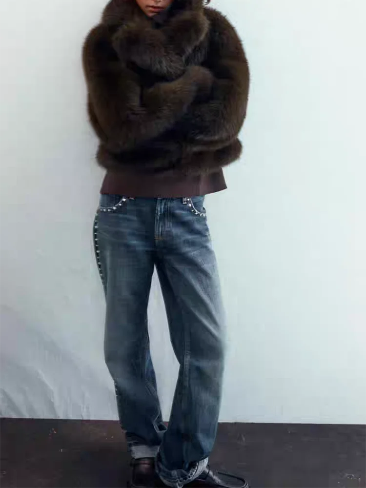 

Новая осенняя женская модная куртка из искусственного меха 2025 года с молнией, длинными рукавами и воротником-стойкой