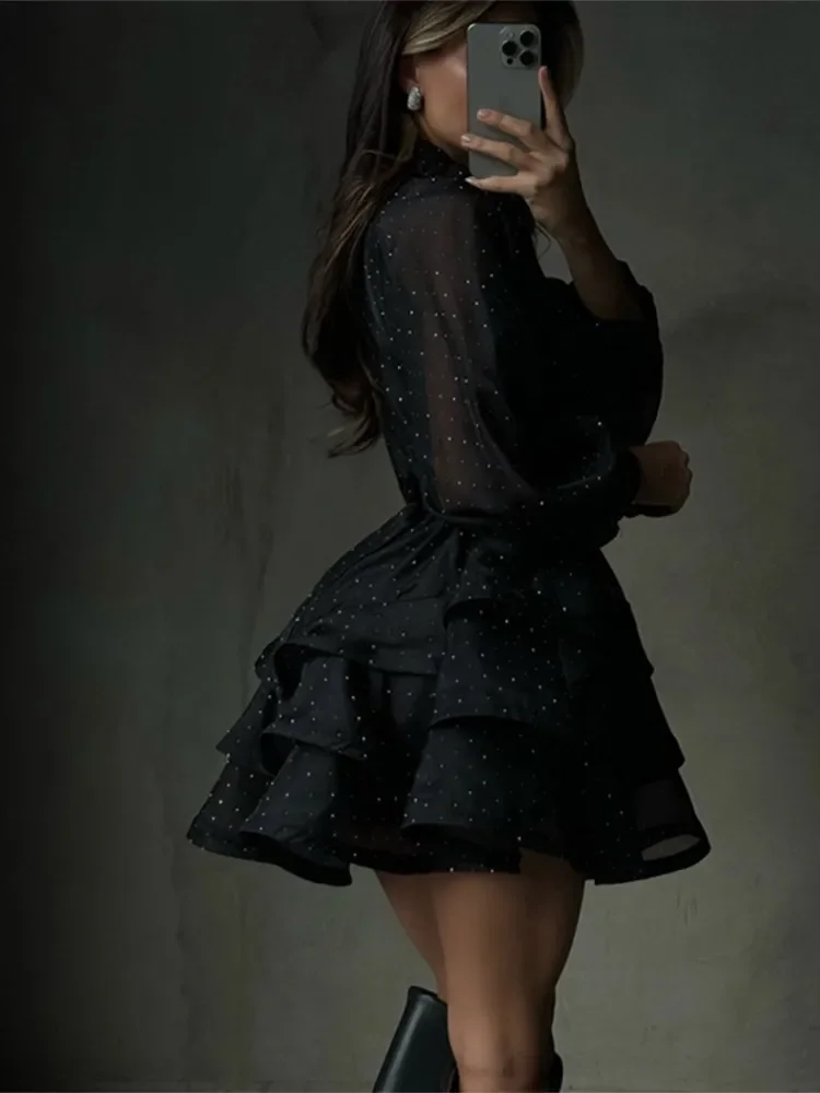 Preto feminino strass a linha mini vestido chique manga cheia cintura alta em camadas plissado vestidos curtos 2025 senhora vestidos de deslocamento diário
