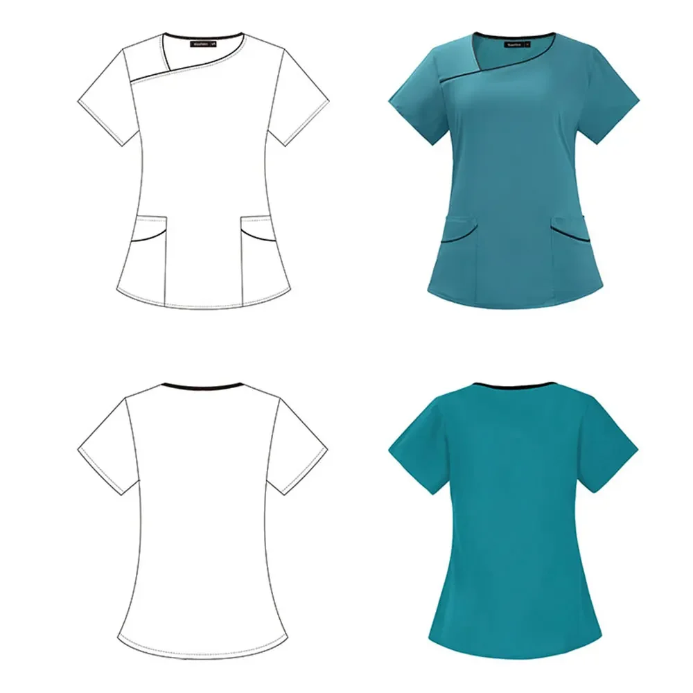 طقم تقشير نسائي برقبة V ، زي موحد للممرضات ، علوي غير رسمي ، بأكمام قصيرة ، صيدلية تعمل ، طبي ، مستشفى ، طبيب ، زي موحد