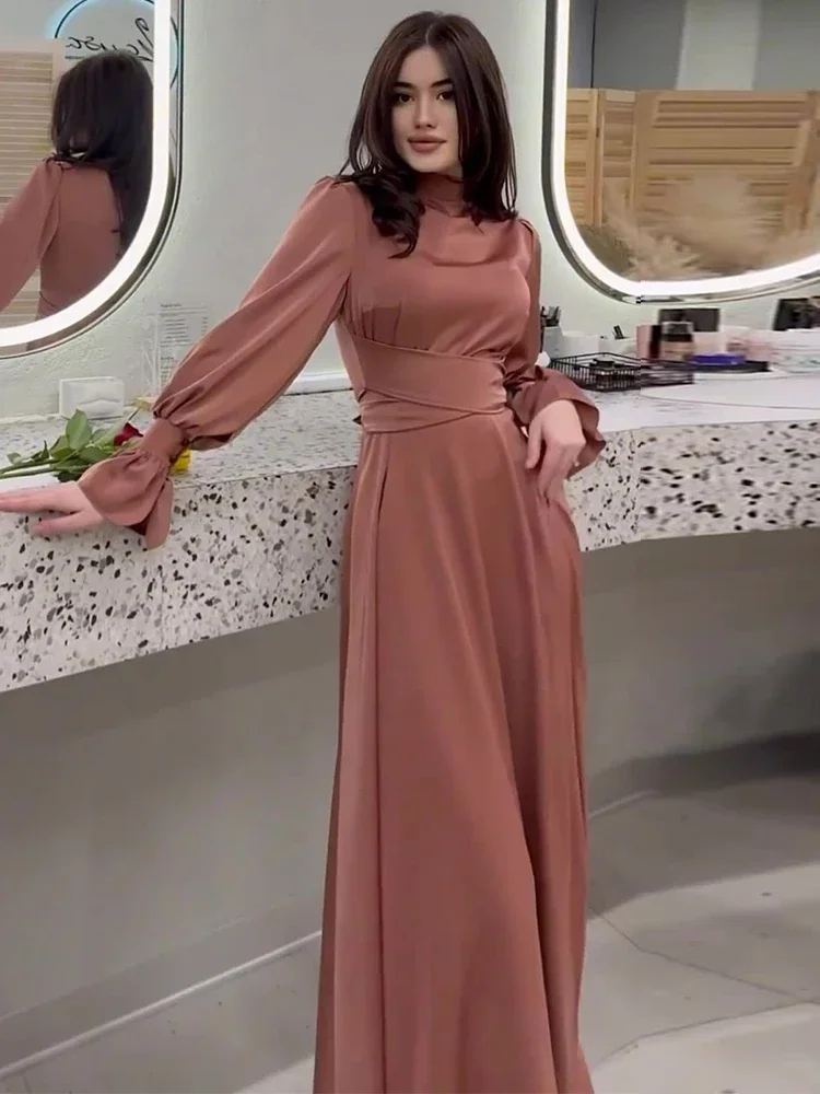 

Eid Satin Party Dress for Women Flare Sleeve Abaya Vestidos Largos Dresses Ramadan Belted Islam Elbise Dubai Arab Long Robe 2024