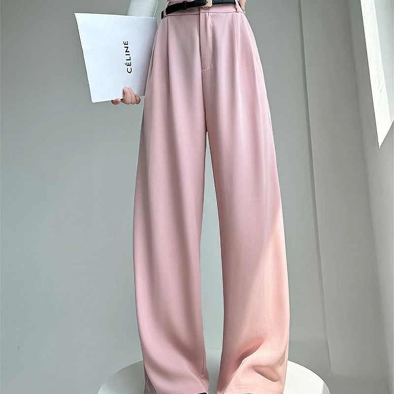 レディースカジュアル無地ストレートパンツ 秋冬 ハイウエストボタンスーツパンツ ゆったりワイドレッグパンツ