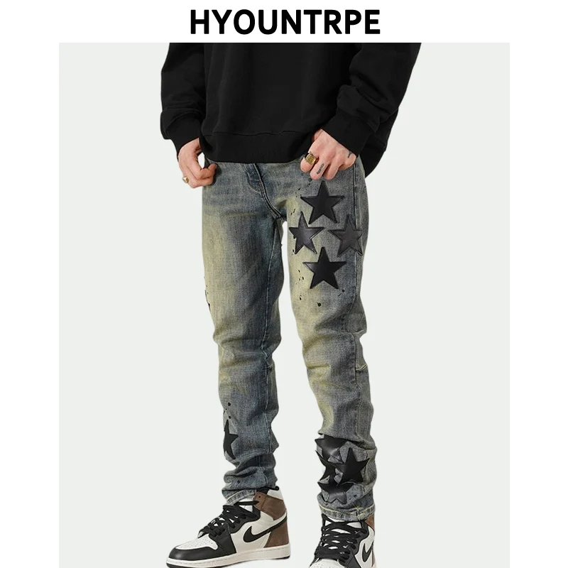 

Star Appliques Denim Jeans Skinny Trousers Slim Fit Men New Casual Biker Jeans Fashion Streetwear Hip Hop Trousers Pants Joggers