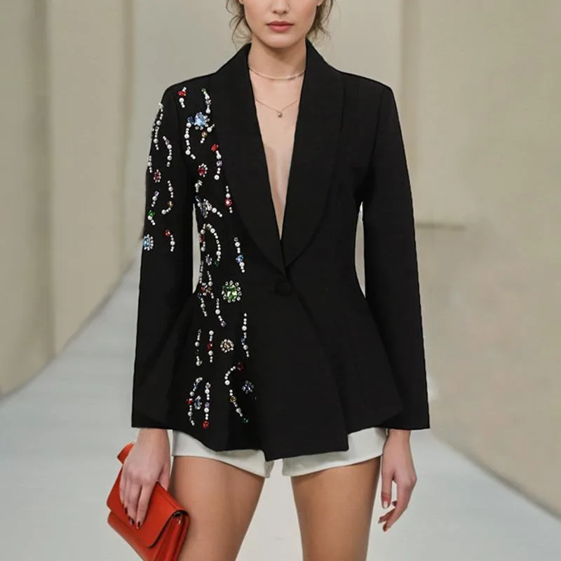 HKSH خريف جديد إمرأة عصري شارع العليا أنيق شيك كم طويل زر واحد سليم صالح رصع الماس الملونة السترة HK8453