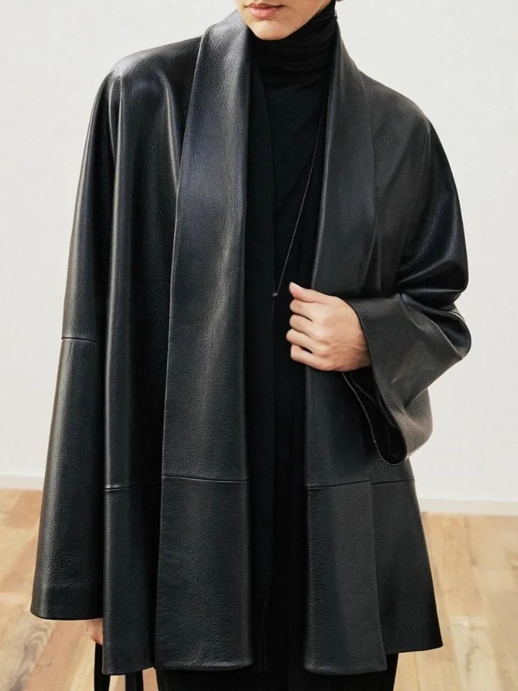 เสื้อแจ็คเก็ตหนังแท้สีพื้นสำหรับผู้หญิง ทรงหลวม คอวี แขนยาว ทำมือ ดีไซน์หรูหราทันสมัย ผลิตจากหนังแกะ