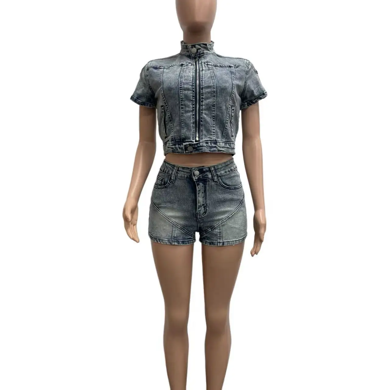 High-Stretch Washed Denim Casual Women's Two-Piece Set