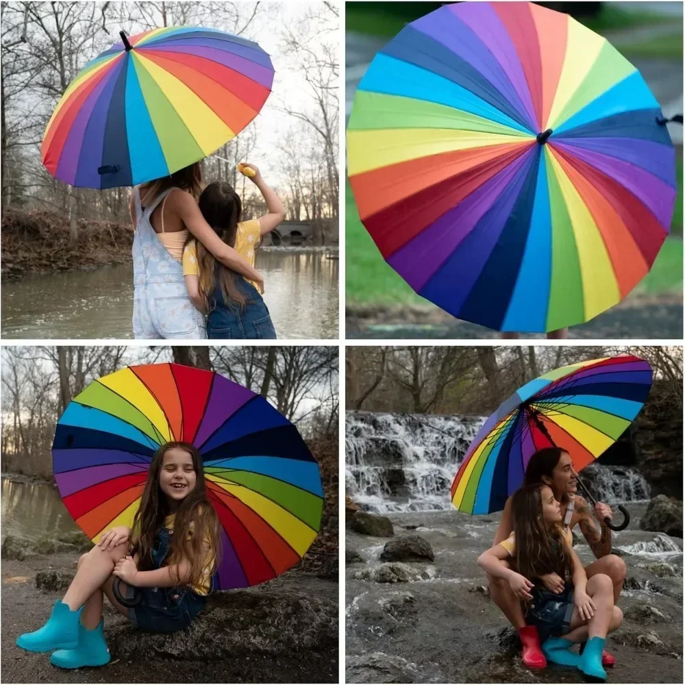 مظلة كبيرة صديقة للبيئة مفتوحة تلقائية مكونة من 24 عصا مضلعة مع مقبض منحني بخطاف J كلاسيكي وطارد للماء