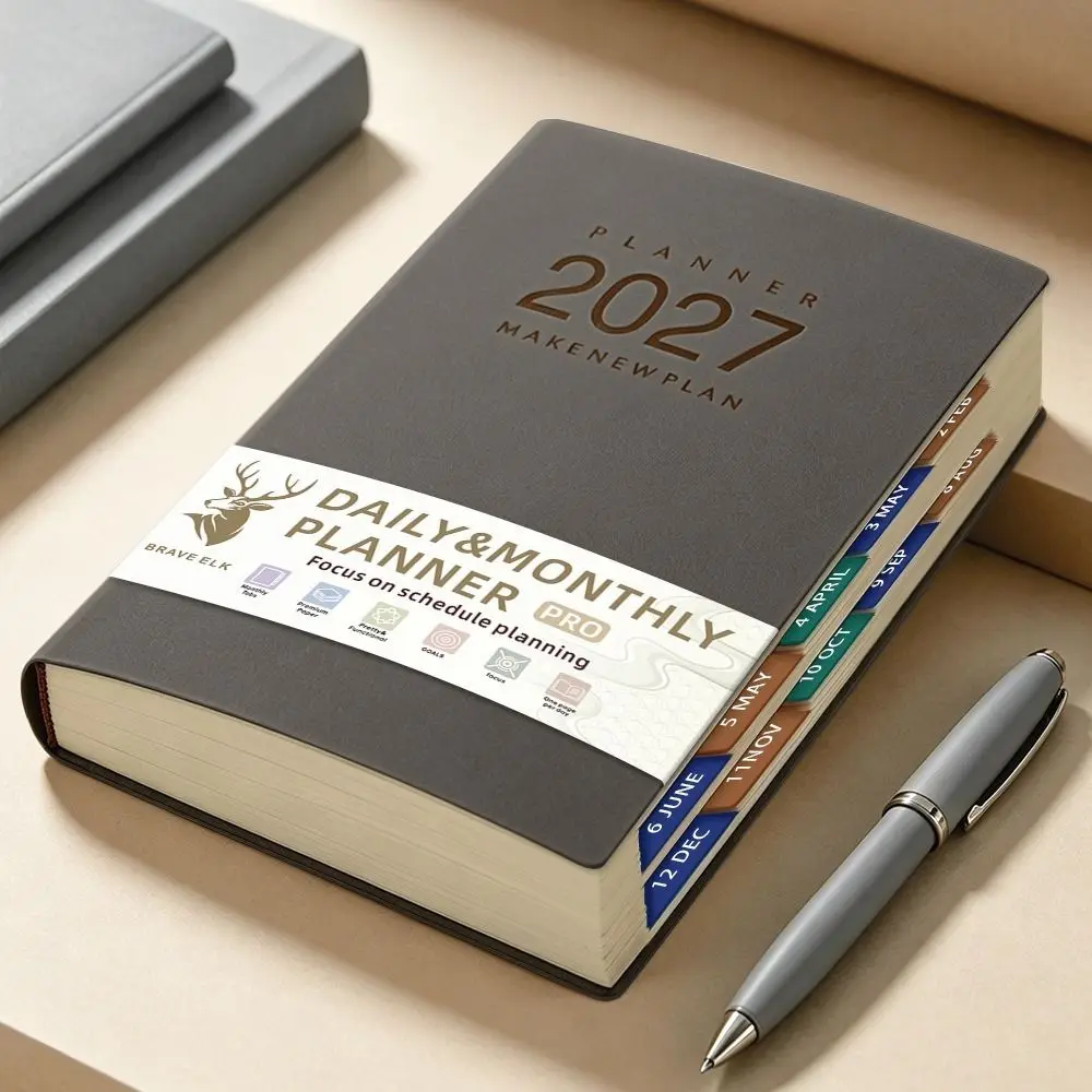 A5 Size Daily Planner Notebook Thick Paper Leather Cover Hardcover Planner Book Multi-Color To Do List 2027 Calendar Log
