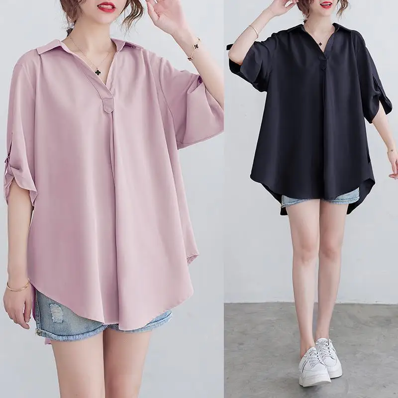 Korean summer solid color women\'s Turn down Collar Asymmetric temperament casual short sleeve loose mid length Chiffon shirt top