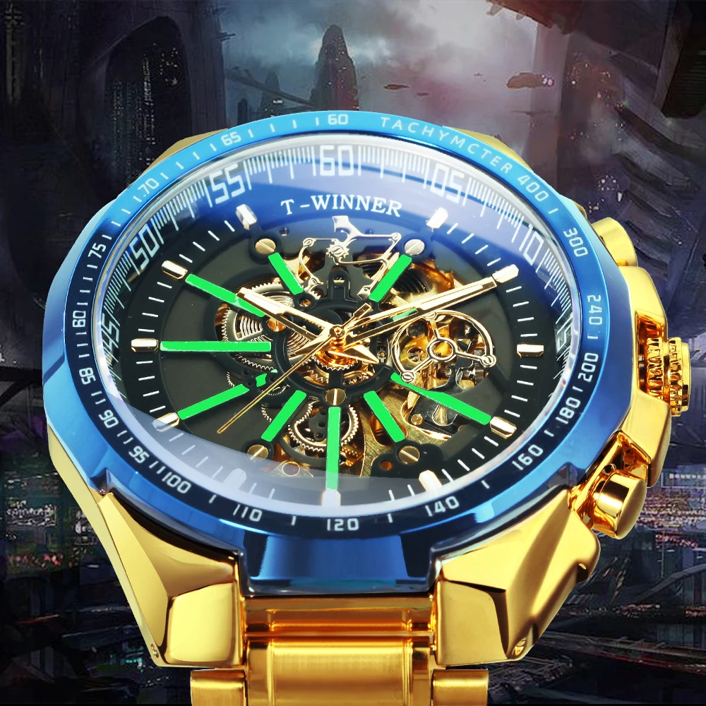 WINNER Steampunk Skeleton Automatic Watch for Men Military Sports Gold Mechanical Watches Luminous Hands Stainless Steel Strap