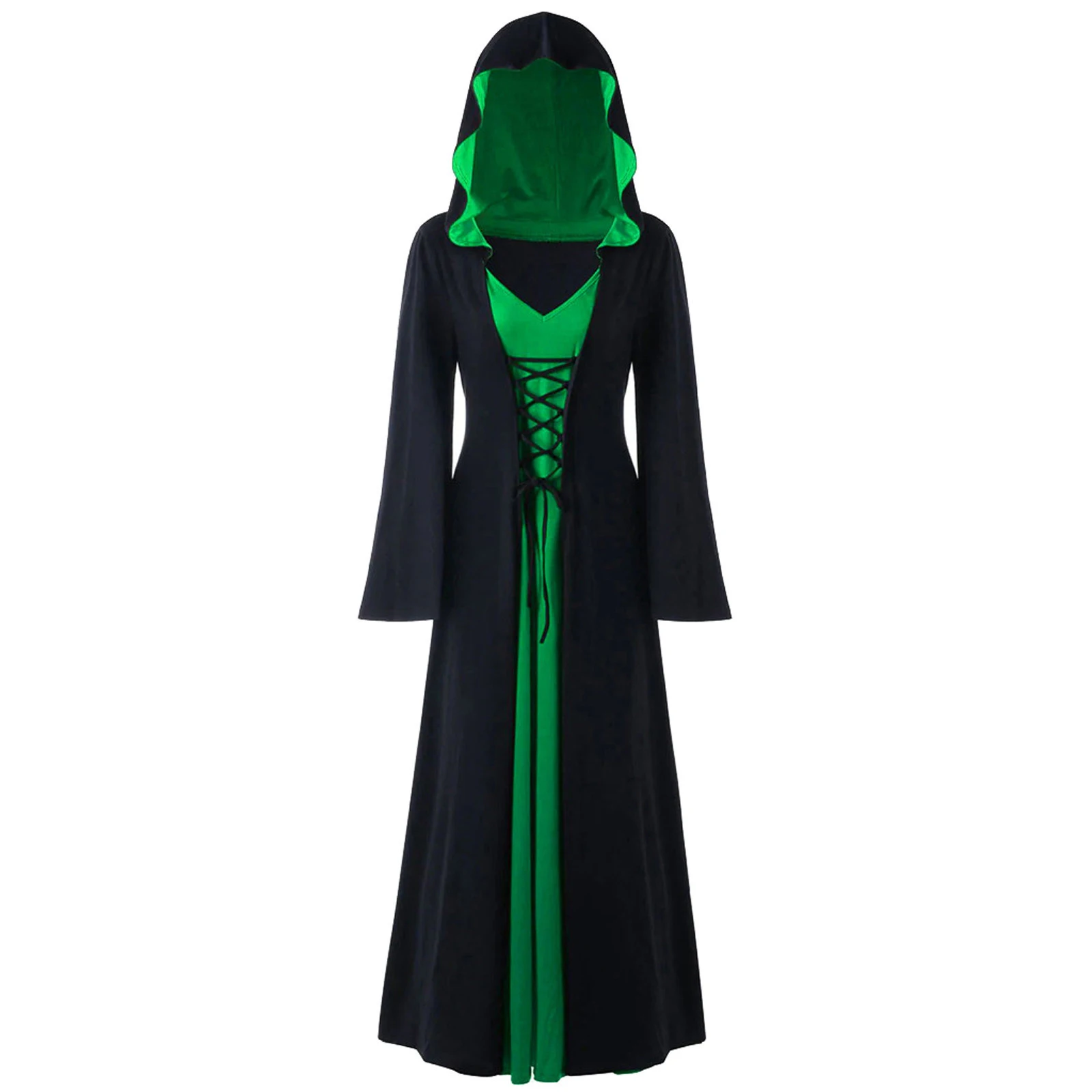 

Womens Halloween Witch Cosplay Costume Medieval Hooded Robe Carnival Theme Party Roleplay Lace-up Front V Neck Long Sleeve Dress