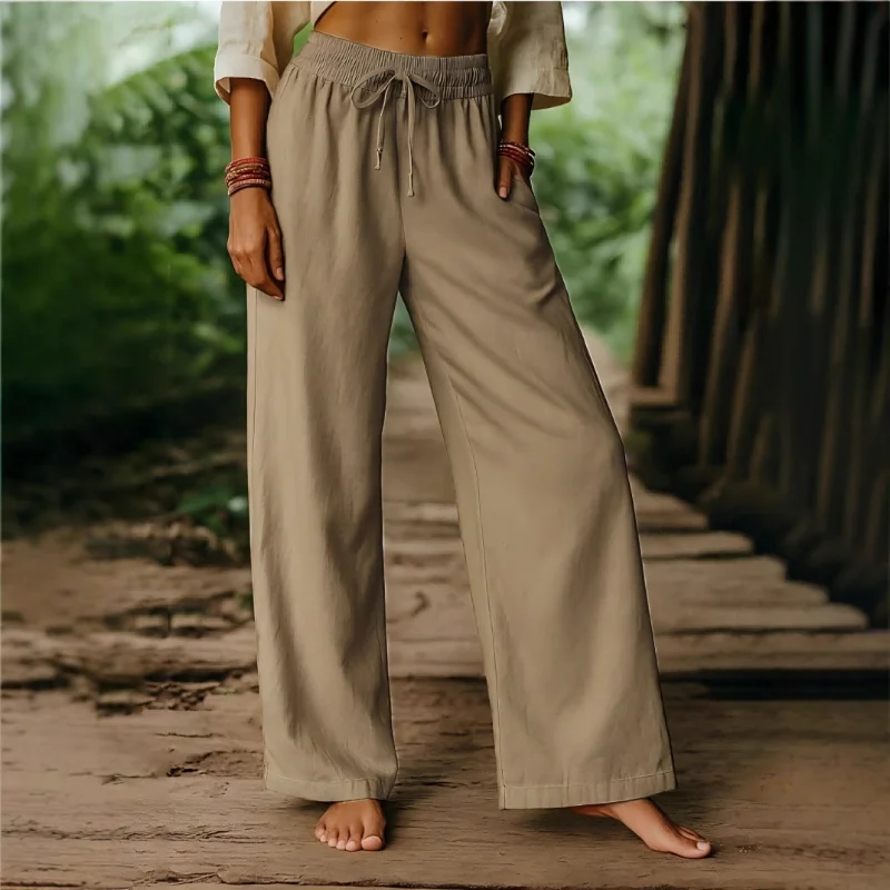 New Elastic Casual Solid Color Cotton Linen Trousers Wide-leg Pants