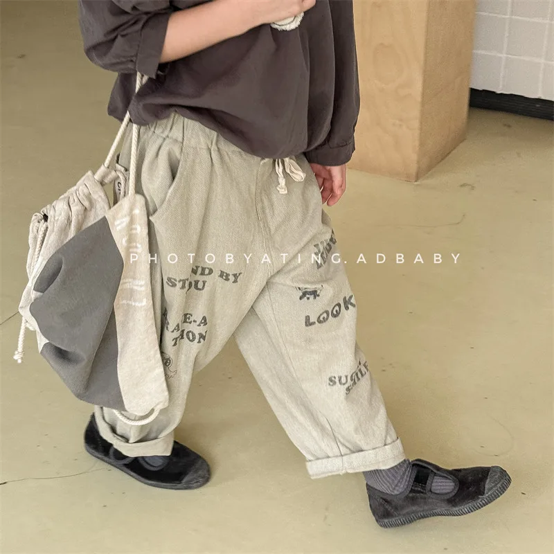 2024 Autumn New Children Casual Pants Cotton Boys Girls Letter Print Harem Pants Toddler Loose Versatile Trousers Kids Clothes