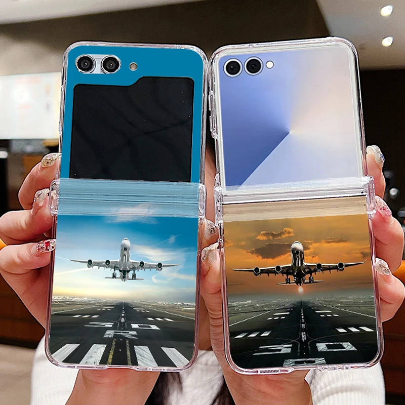 Flugzeug Sky Clear Telefon Fall Für Samsung Galaxy Z Flip 7 FE 6 5 4 3 5G falten Harte PC Abdeckung Für Samsung Z Flip5 Flip4 Flip3