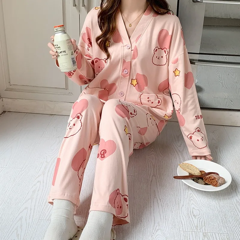 Bear Star Pajamas Set Women Long Sleeves Long Pants Autumn Winter Cute Kawaii Sleepwear Woman Pyjamas Girls Pijamas Soft Cozy Pj