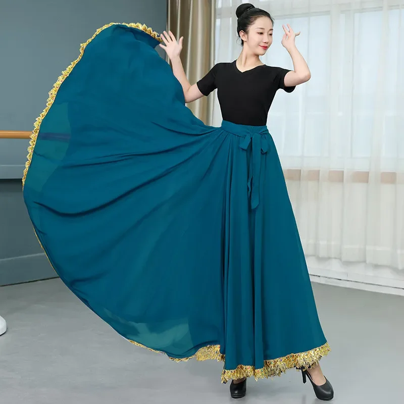 Falda de baile folclórico de color sólido para mujer, falda larga de flamenco español con gran vuelo, disfraz de danza folclórica mexicana para actuaciones.