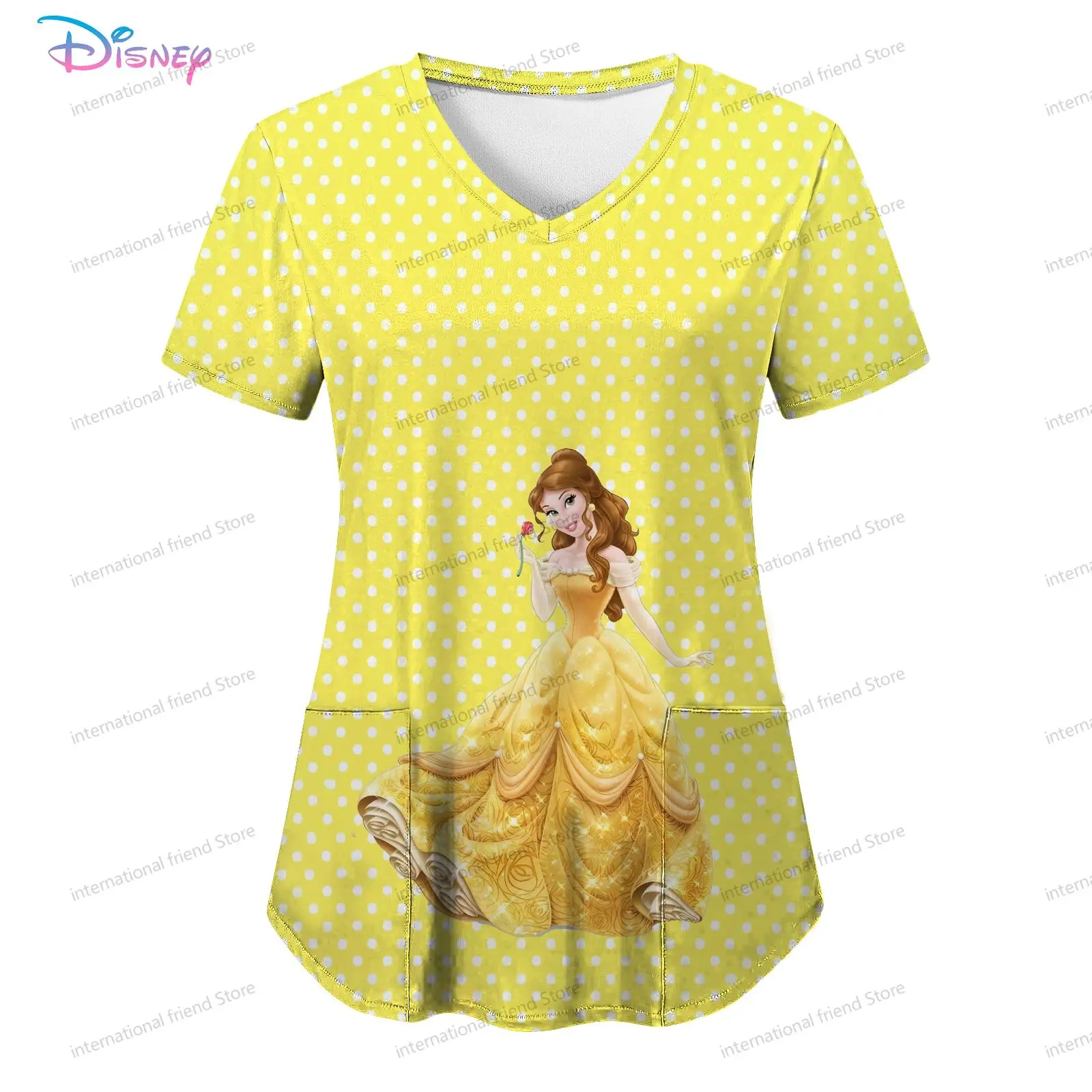 Women's V Neck Nurse Uniform T-Shirt Disney Princess Pocket S-2XL Youthful Woman Clothes New Dress Summer Kawaii Cheap Top Y2k