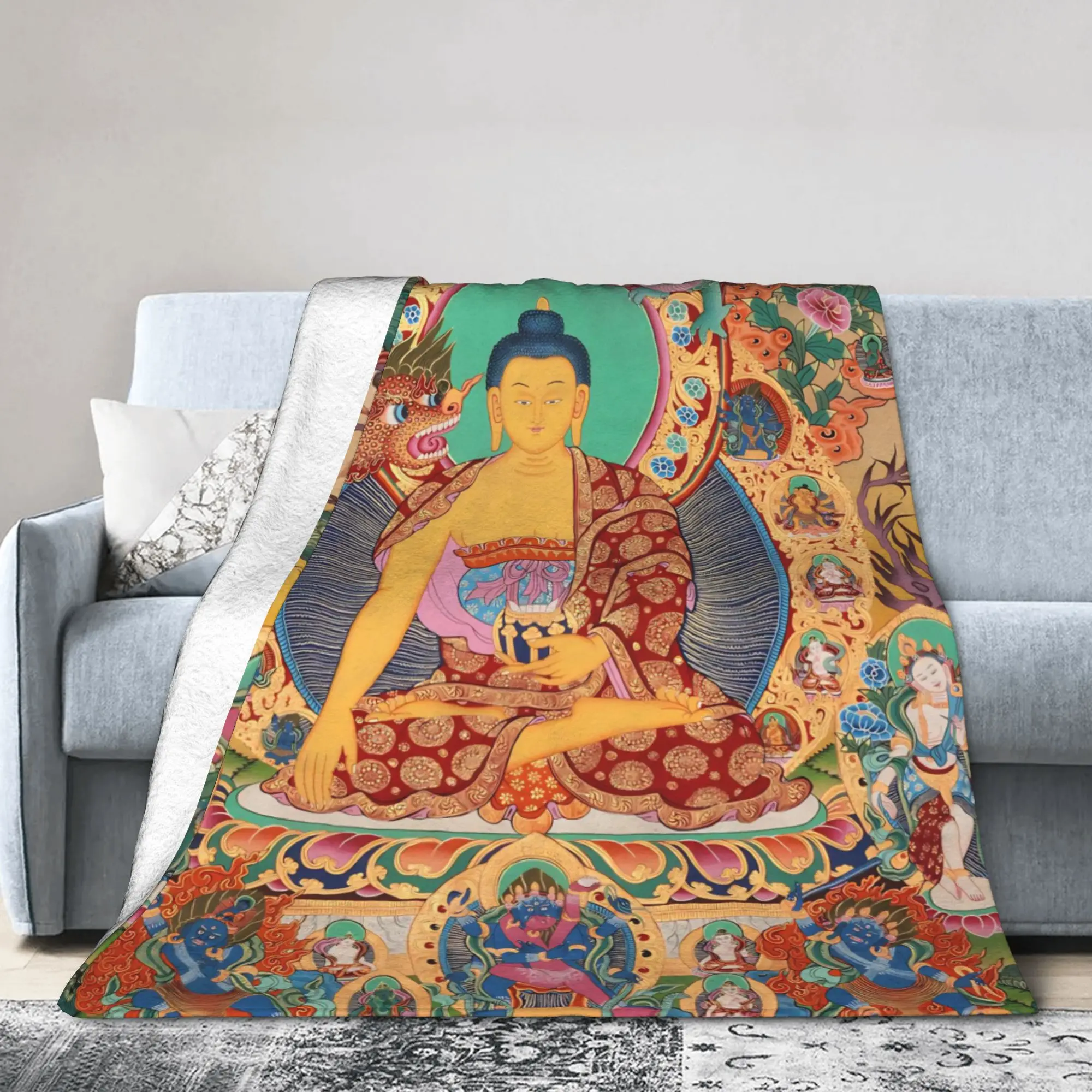 Buddha Tibetans Thangka Peaceful Plush Blankets 2000s Emo Gothic Throw Blankets for Bedding Lounge 125*100cm Plush Thin Quilt