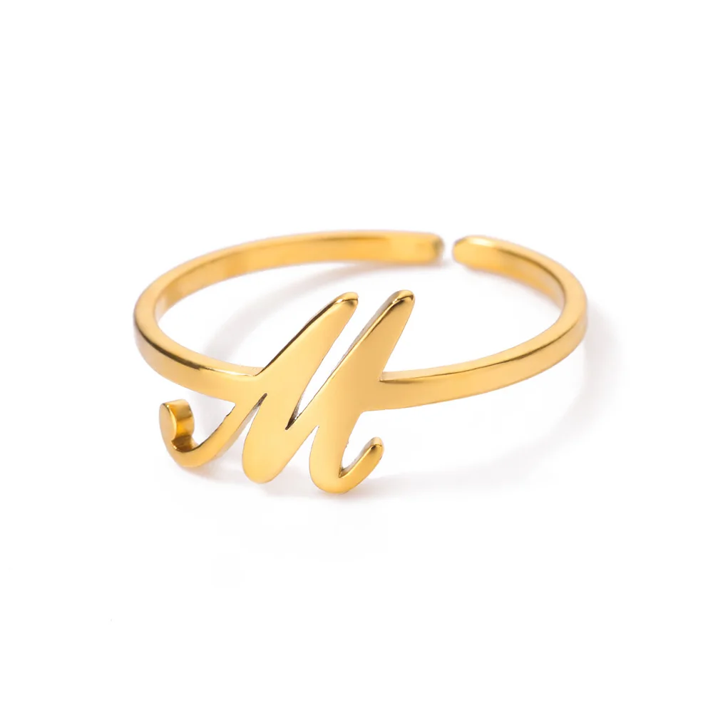 Initial Letter Rings for Women, Gold Color Adjustable A-Z Ring