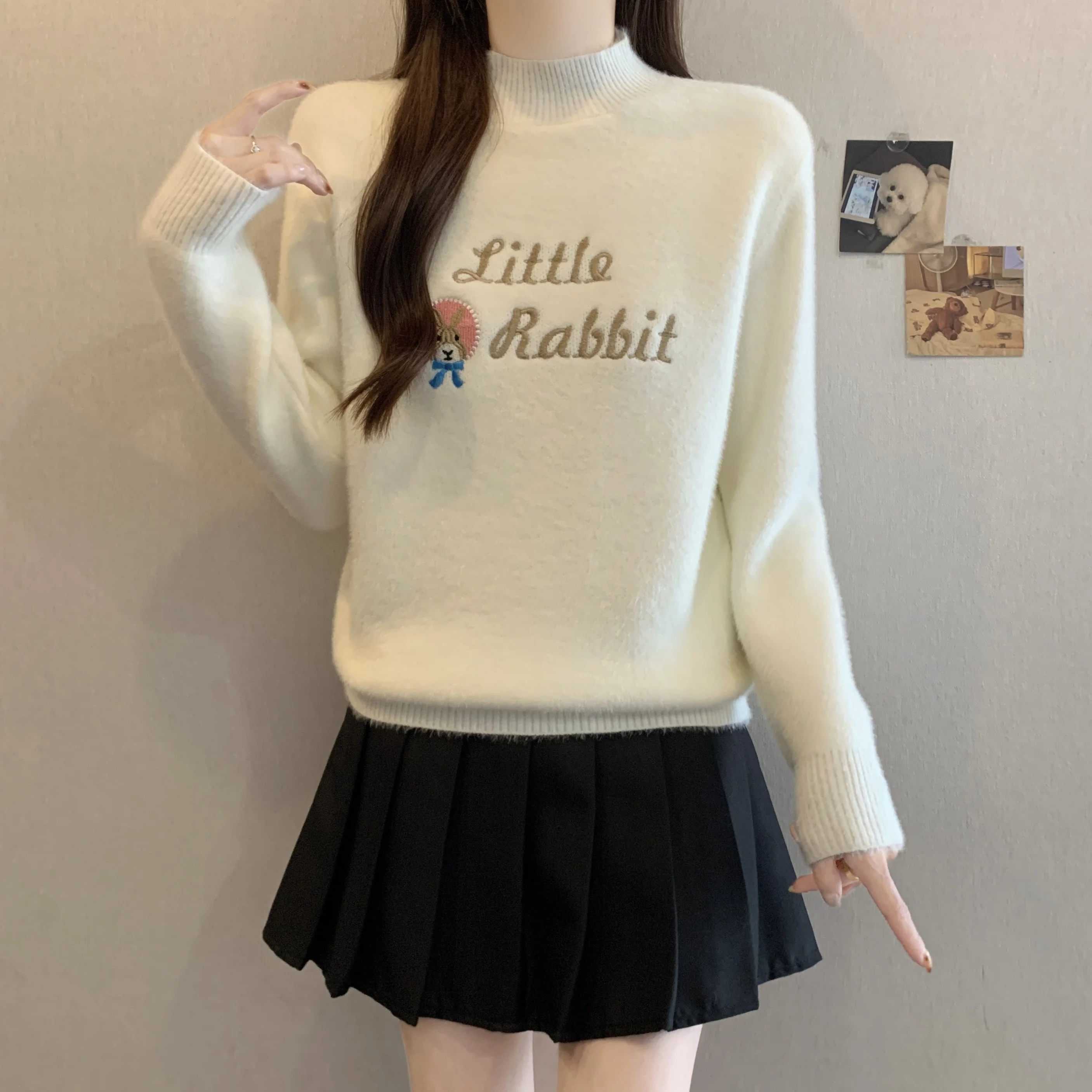 

Spring Autumn New Fashion Cartoon Rabbit O-Neck Sweater Letter Embroidered Loose Knitted Pullover Sweet Versatile Tops