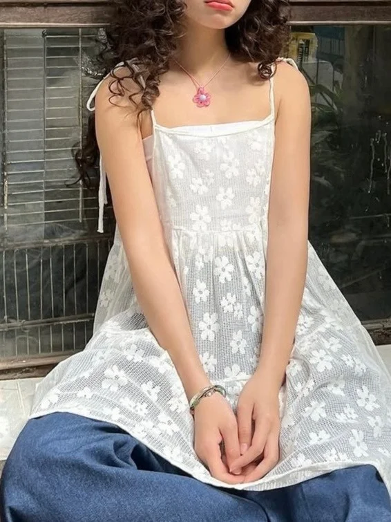 Sweet Floral Embroidery ter Dr Women's Summer Age-Defng Design Fre Casual Vest Dr Square Neline Svel